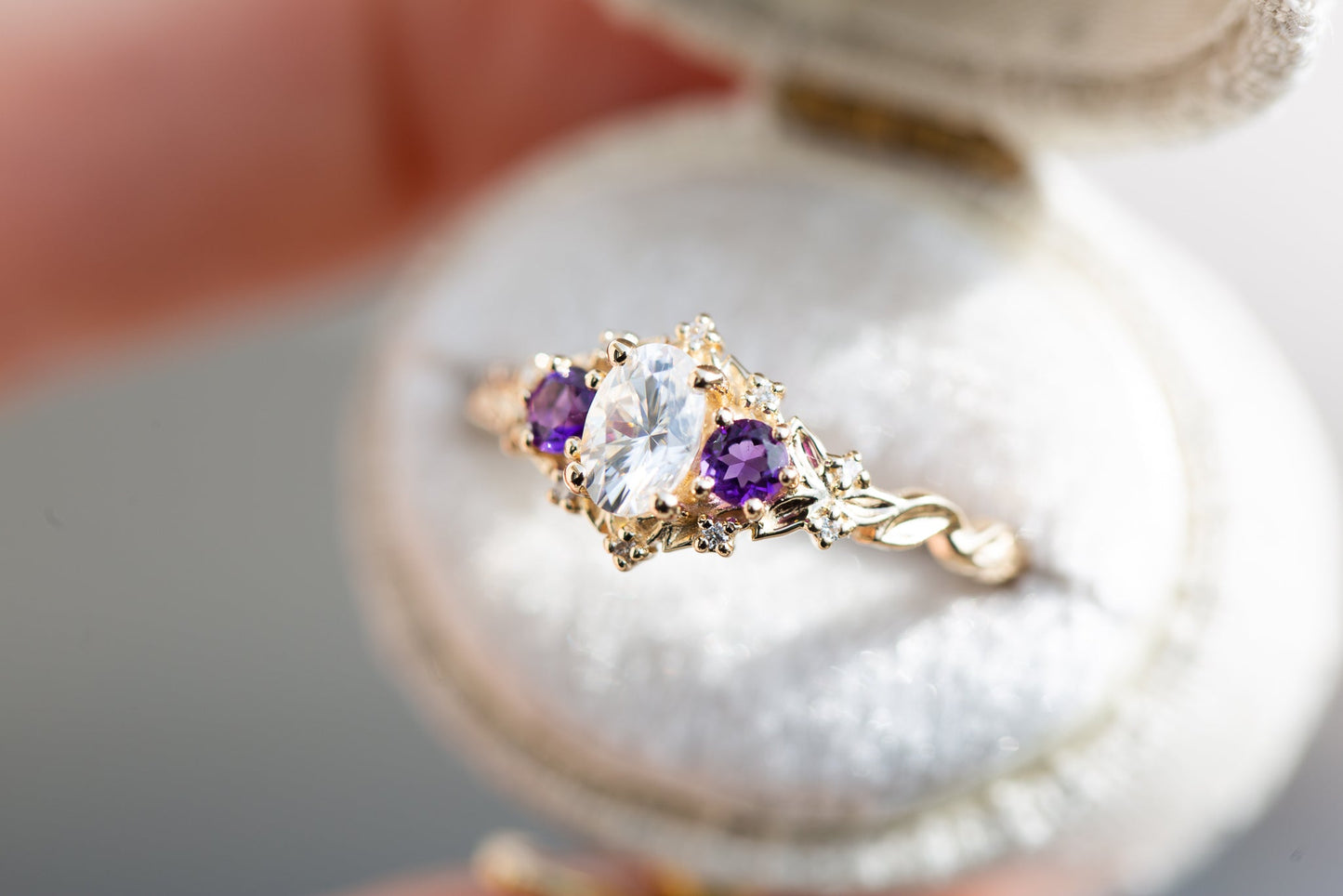 [Oramore Jewelry]Briar rose three stone with oval moissanite and round amethyst side stones (fairy queen)