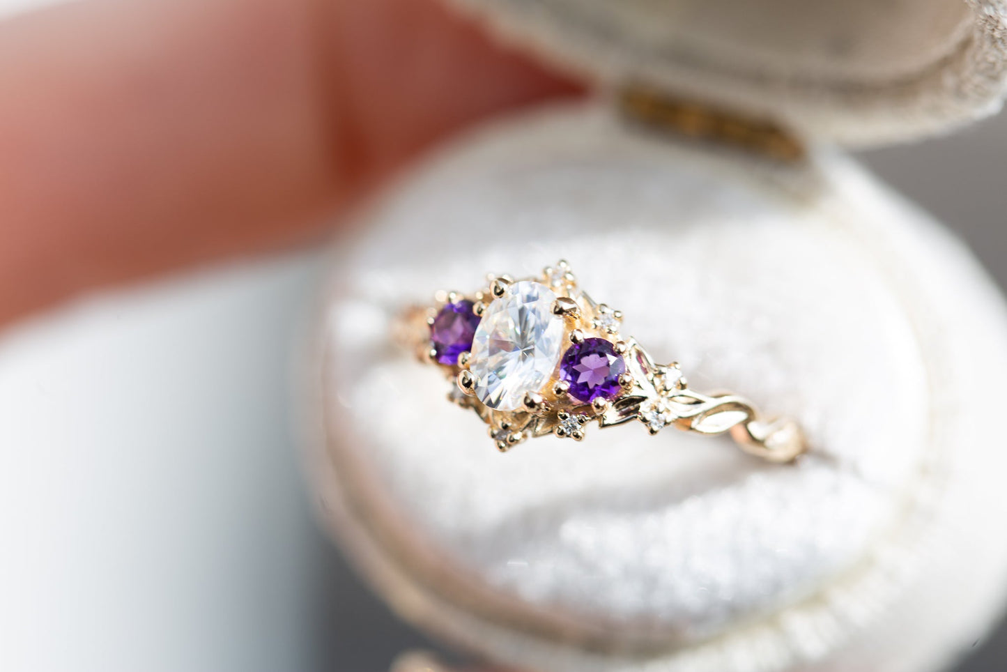 [Oramore Jewelry]Briar rose three stone with oval moissanite and round amethyst side stones (fairy queen)