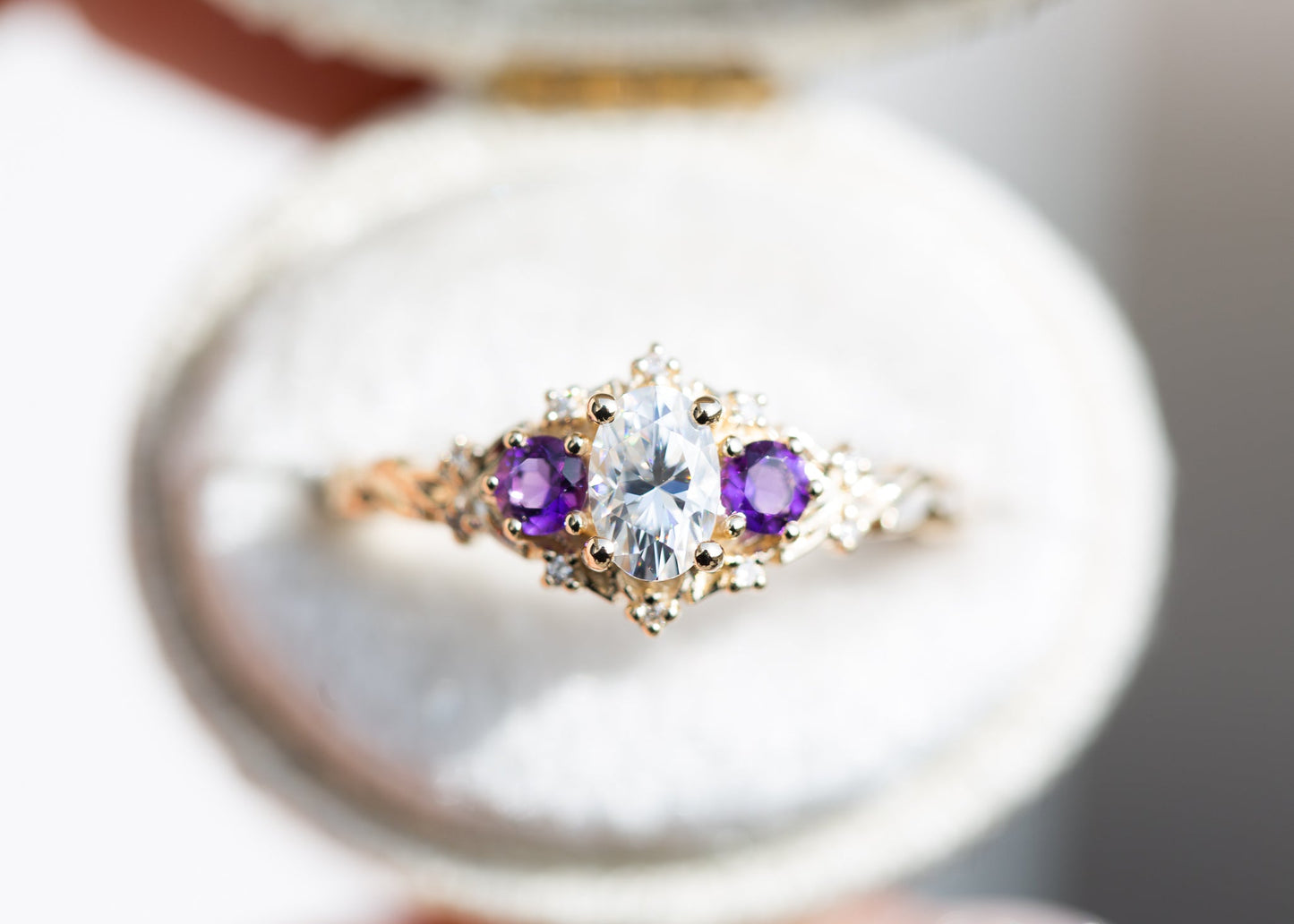 [Oramore Jewelry]Briar rose three stone with oval moissanite and round amethyst side stones (fairy queen)