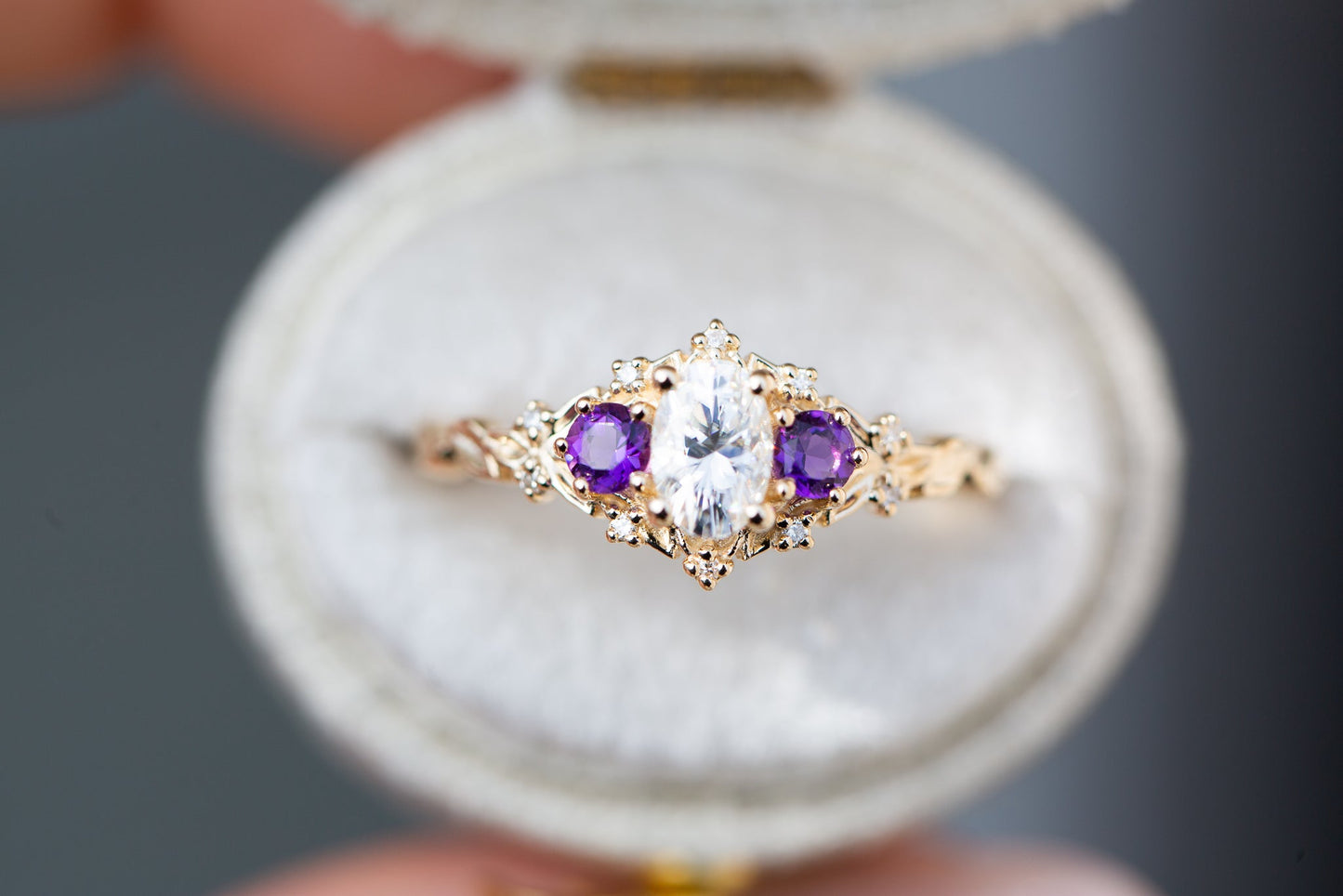 [Oramore Jewelry]Briar rose three stone with oval moissanite and round amethyst side stones (fairy queen)