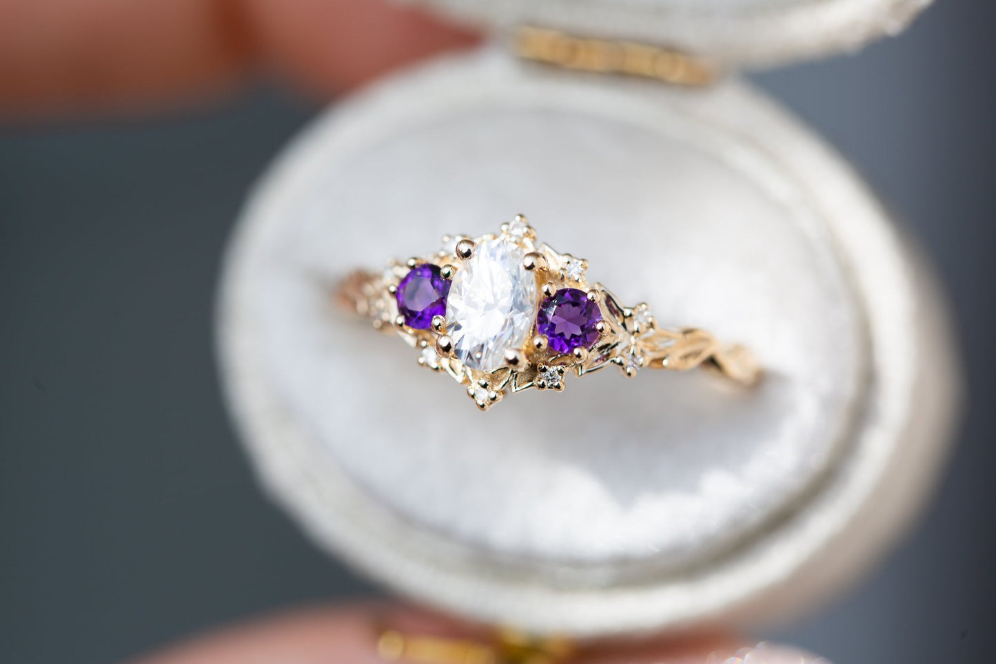 [Oramore Jewelry]Briar rose three stone with oval moissanite and round amethyst side stones (fairy queen)