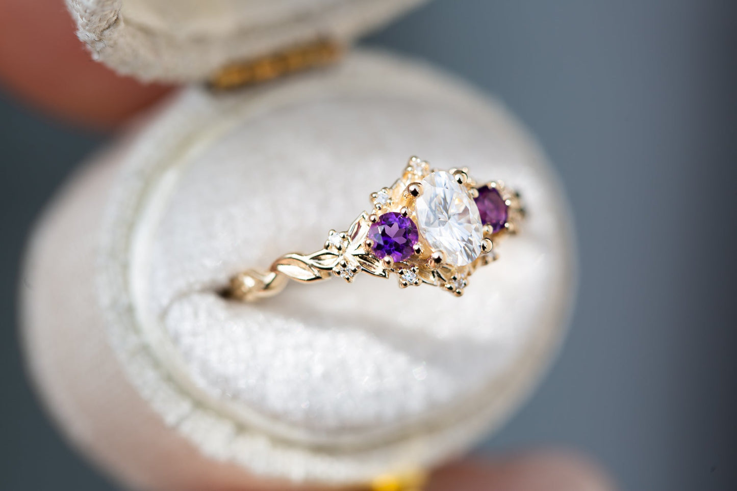 [Oramore Jewelry]Briar rose three stone with oval moissanite and round amethyst side stones (fairy queen)