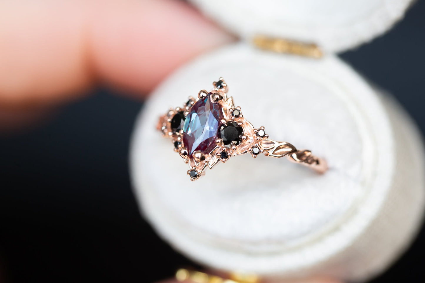 Oramore jewelry Briar rose three stone with 8x4mm marquise lab alexandrite and black diamonds