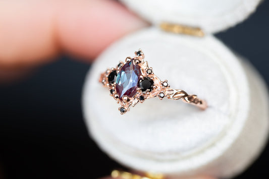 Oramore jewelry Briar rose three stone with 8x4mm marquise lab alexandrite and black diamonds