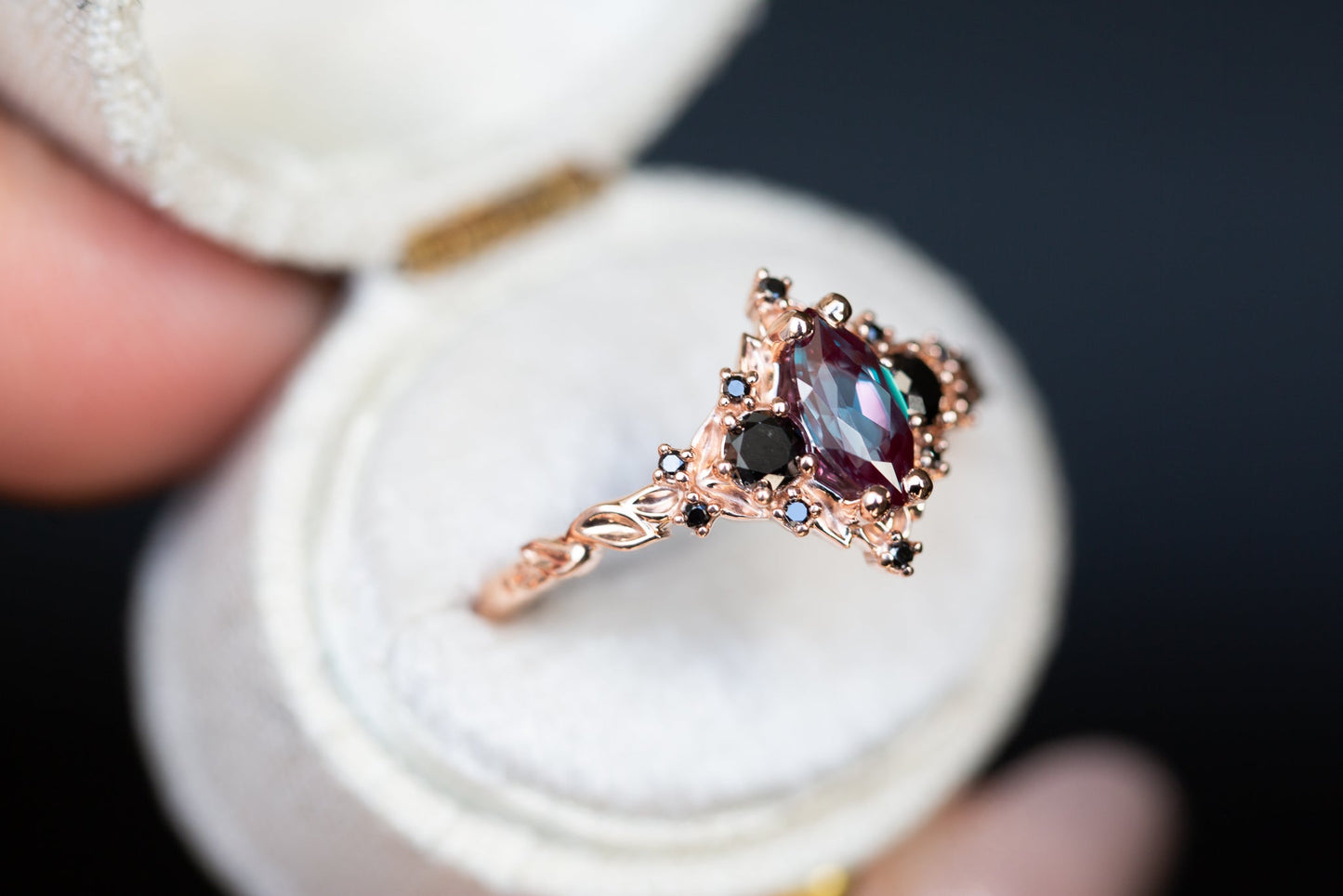 Oramore jewelry Briar rose three stone with 8x4mm marquise lab alexandrite and black diamonds