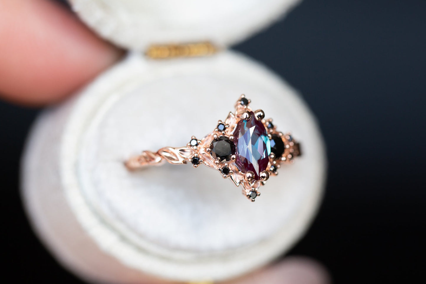 Oramore jewelry Briar rose three stone with 8x4mm marquise lab alexandrite and black diamonds