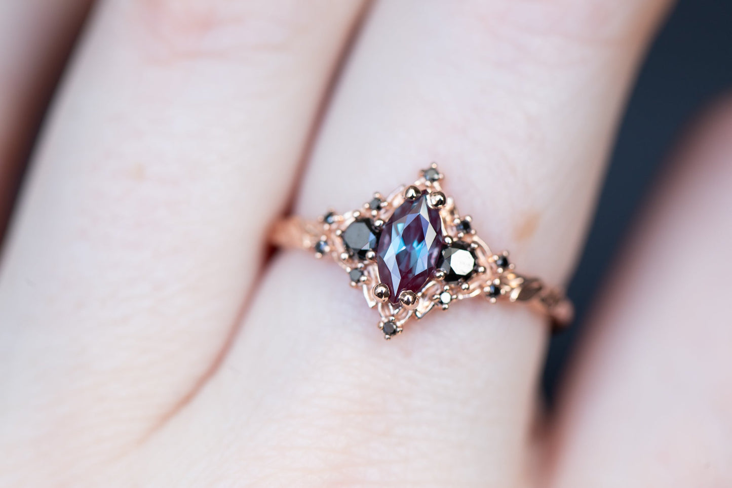 Oramore jewelry Briar rose three stone with 8x4mm marquise lab alexandrite and black diamonds
