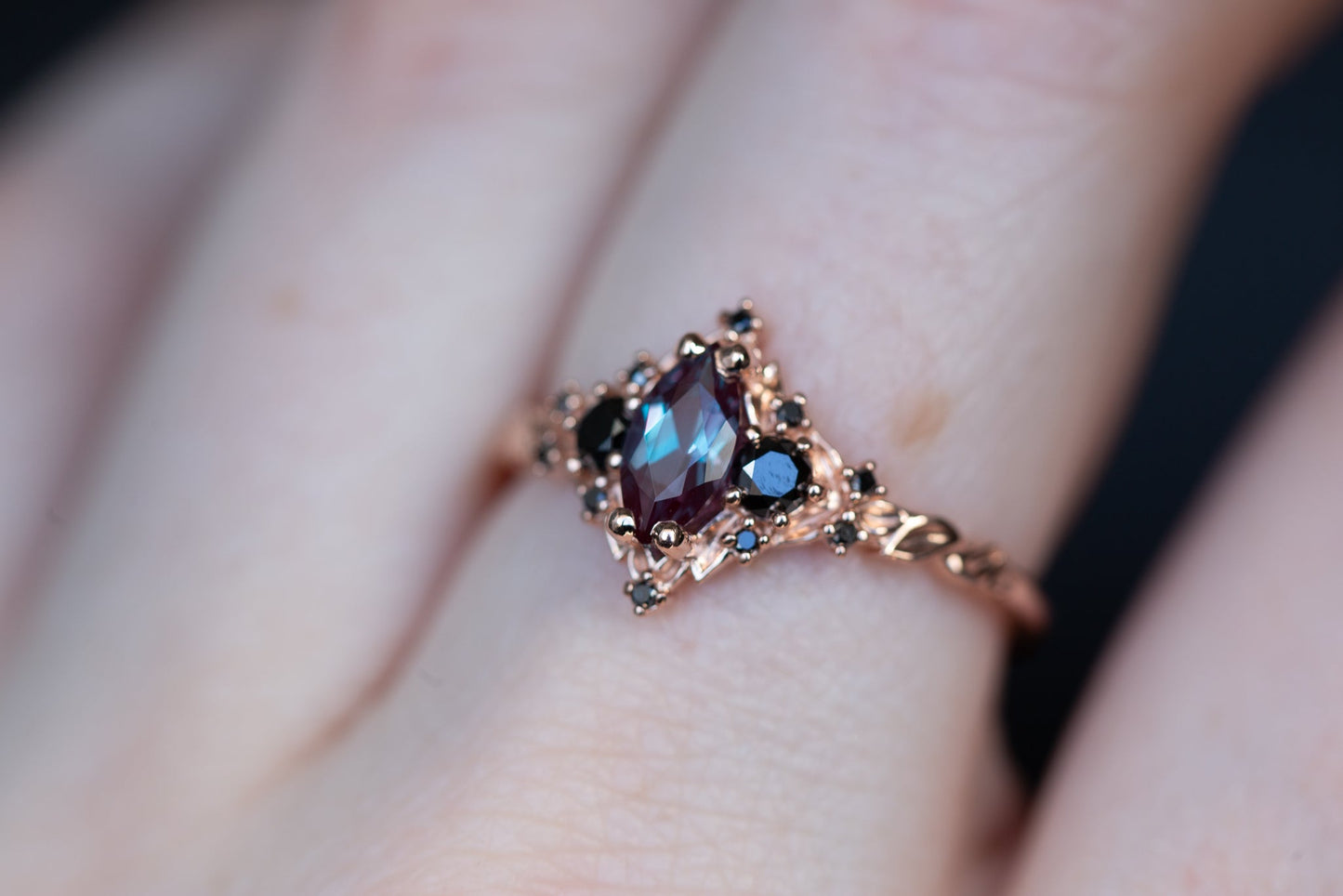 Oramore jewelry Briar rose three stone with 8x4mm marquise lab alexandrite and black diamonds
