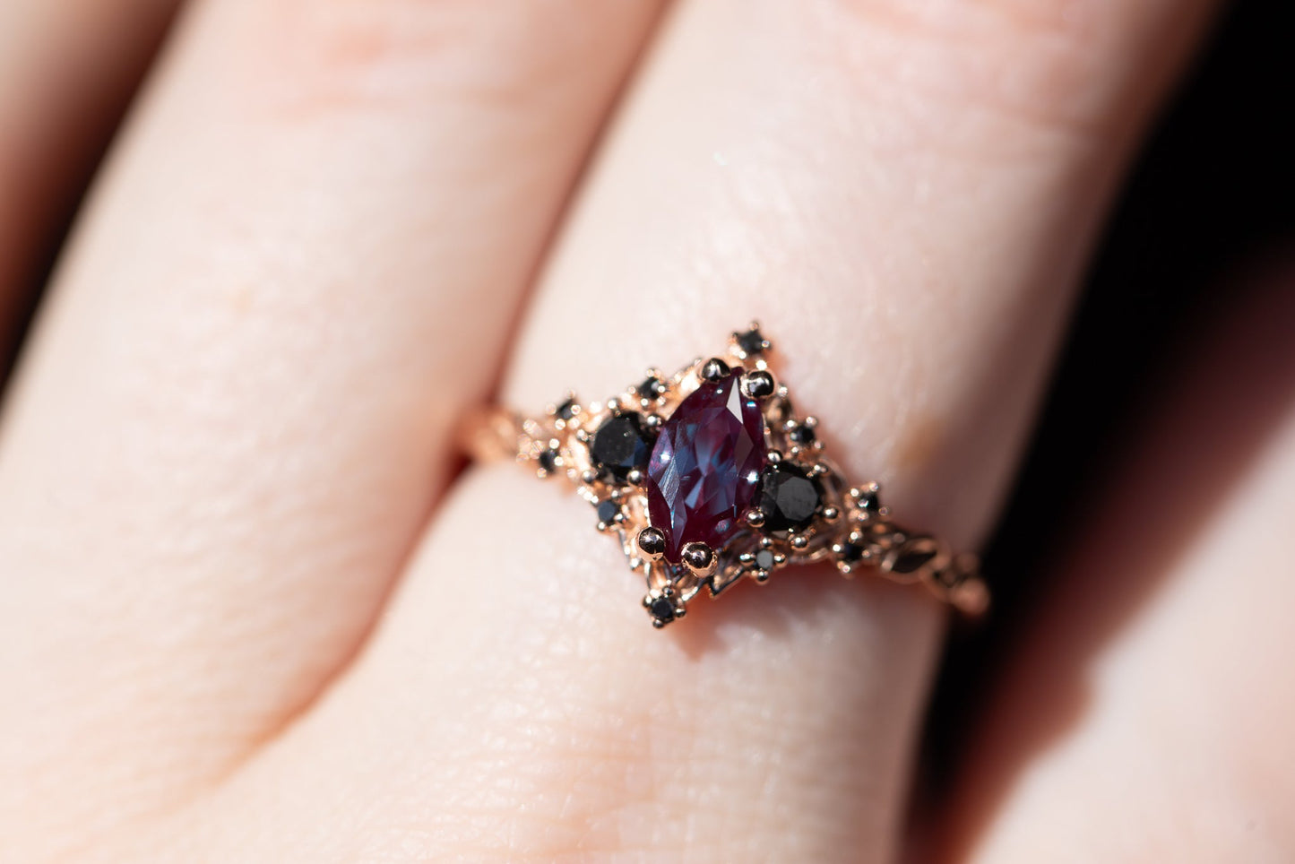 Oramore jewelry Briar rose three stone with 8x4mm marquise lab alexandrite and black diamonds