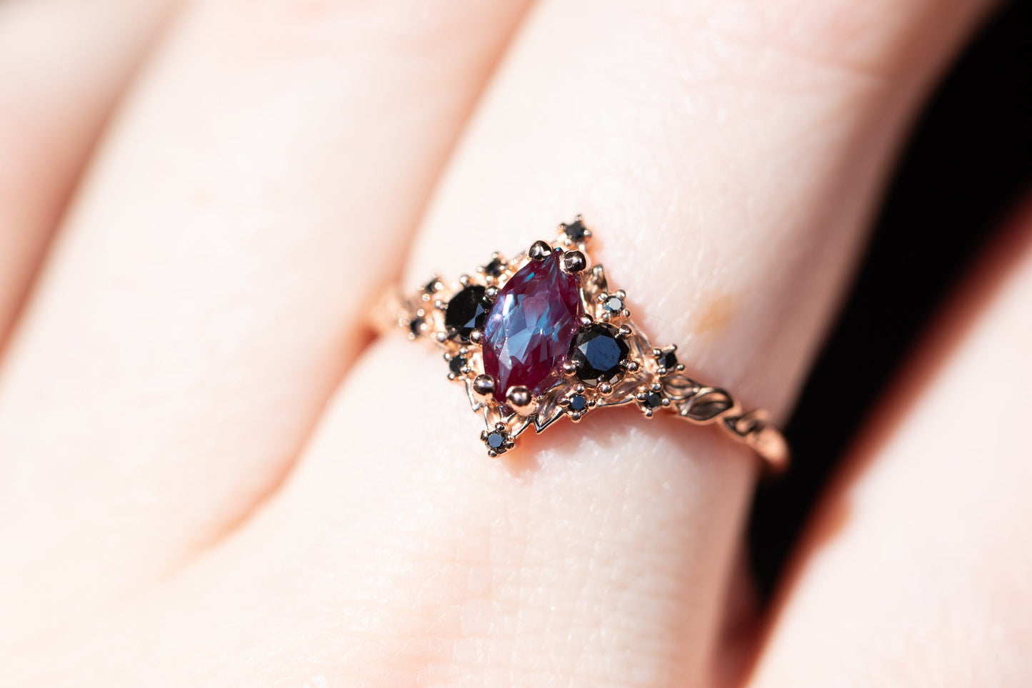 Oramore jewelry Briar rose three stone with 8x4mm marquise lab alexandrite and black diamonds