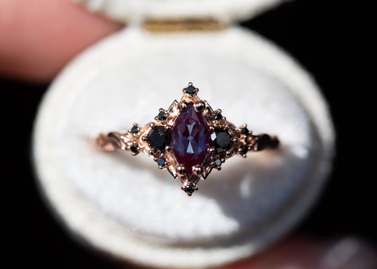 Oramore jewelry Briar rose three stone with 8x4mm marquise lab alexandrite and black diamonds