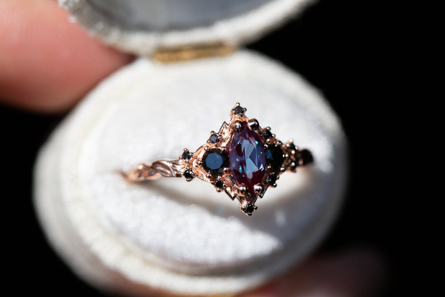 Oramore jewelry Briar rose three stone with 8x4mm marquise lab alexandrite and black diamonds