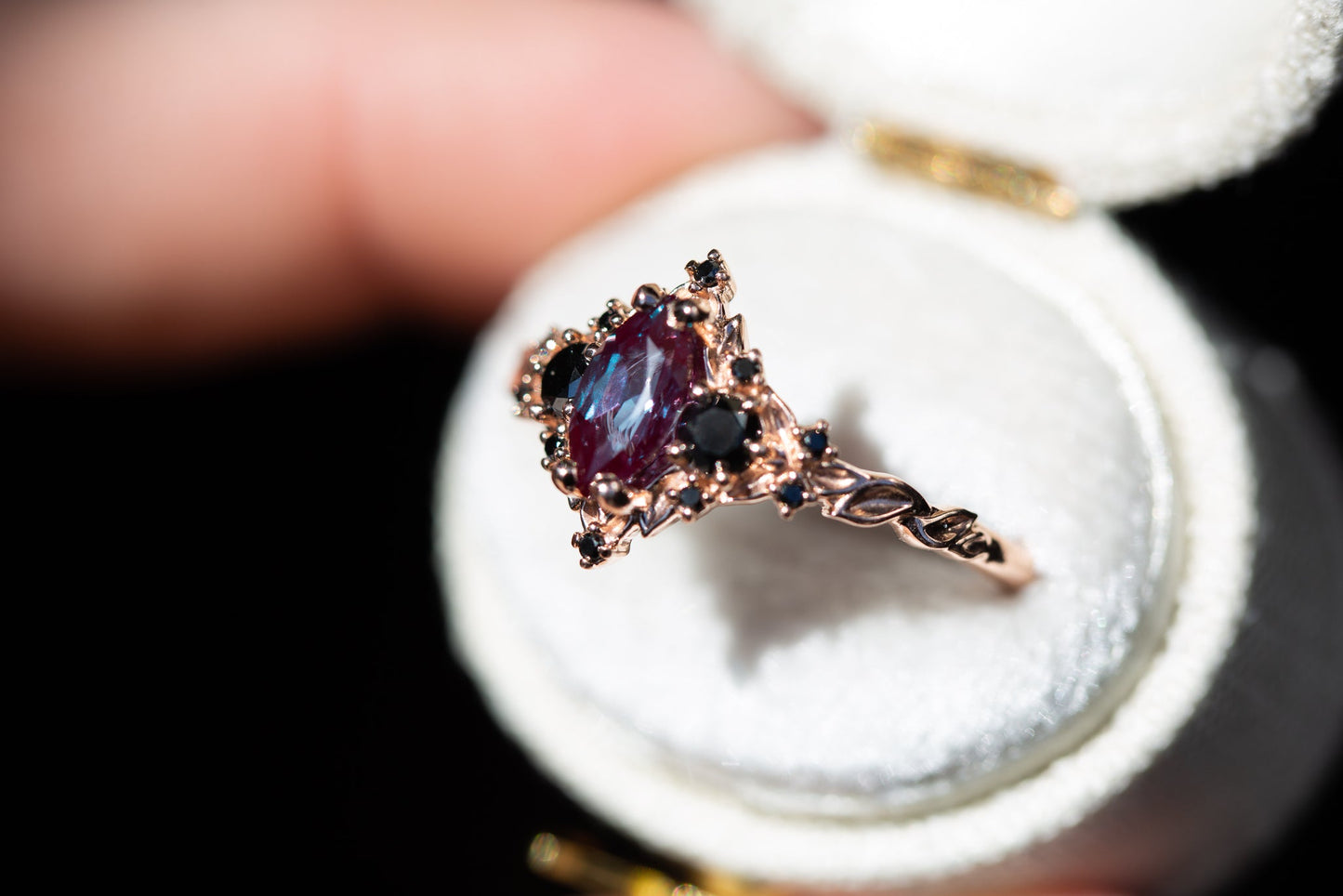 Oramore jewelry Briar rose three stone with 8x4mm marquise lab alexandrite and black diamonds