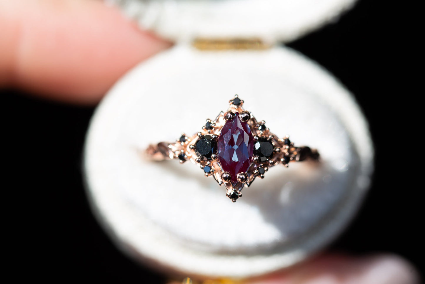 Oramore jewelry Briar rose three stone with 8x4mm marquise lab alexandrite and black diamonds