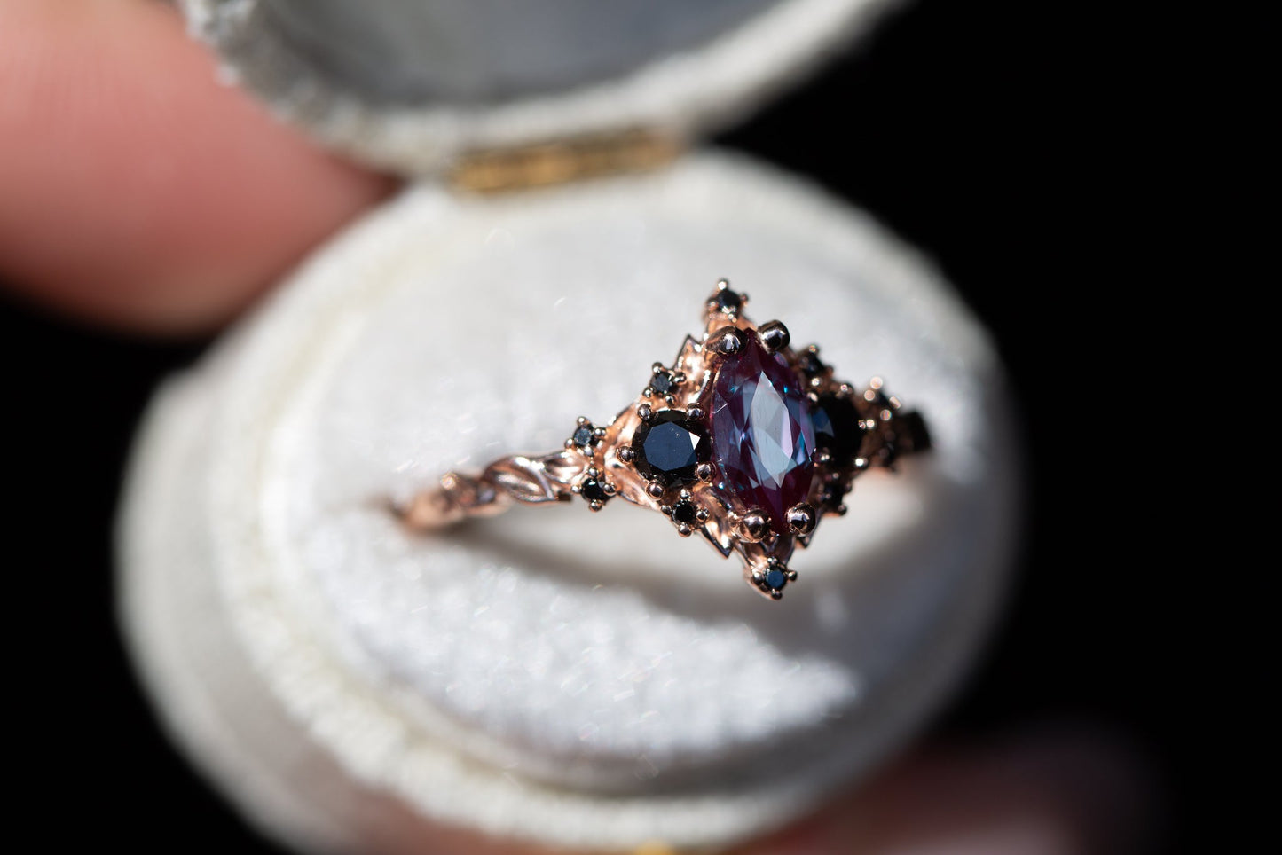 Oramore jewelry Briar rose three stone with 8x4mm marquise lab alexandrite and black diamonds
