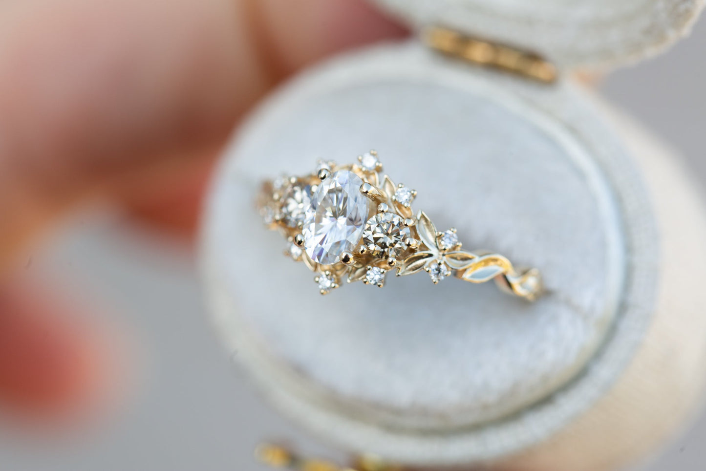 [Oramore Jewelry]Briar rose three stone with moissanite and champagne diamonds