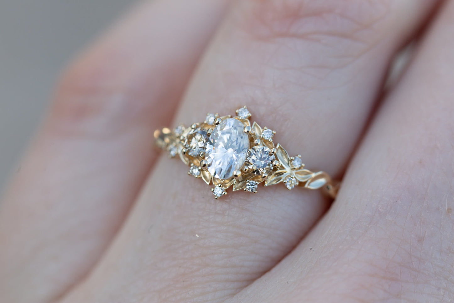 [Oramore Jewelry]Briar rose three stone with moissanite and champagne diamonds