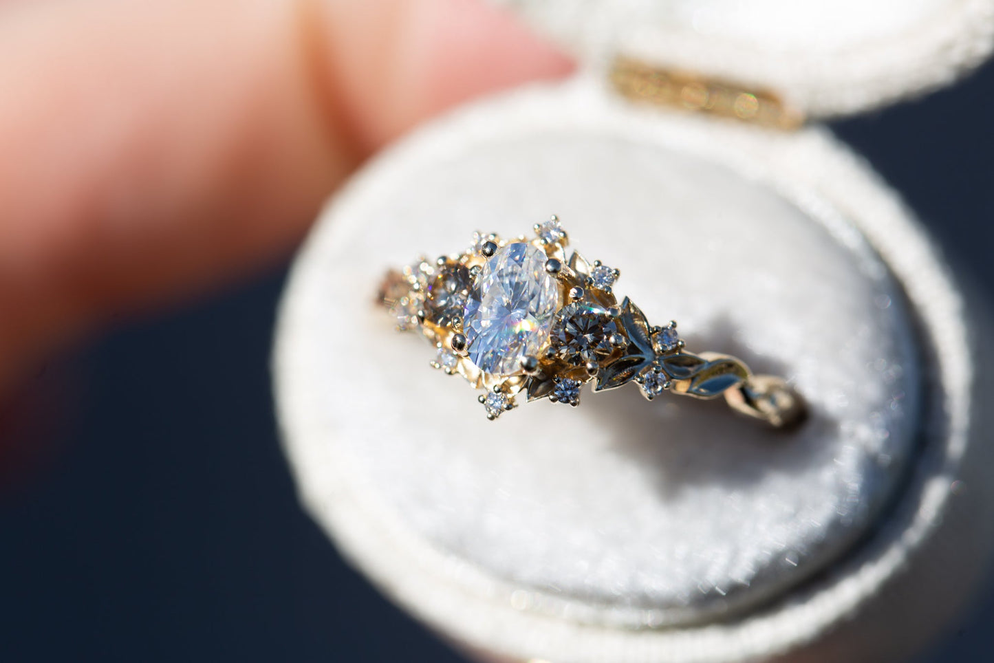 [Oramore Jewelry]Briar rose three stone with moissanite and champagne diamonds