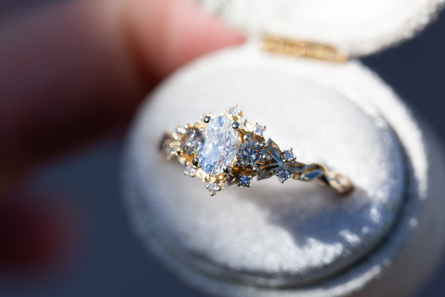 [Oramore Jewelry]Briar rose three stone with moissanite and champagne diamonds