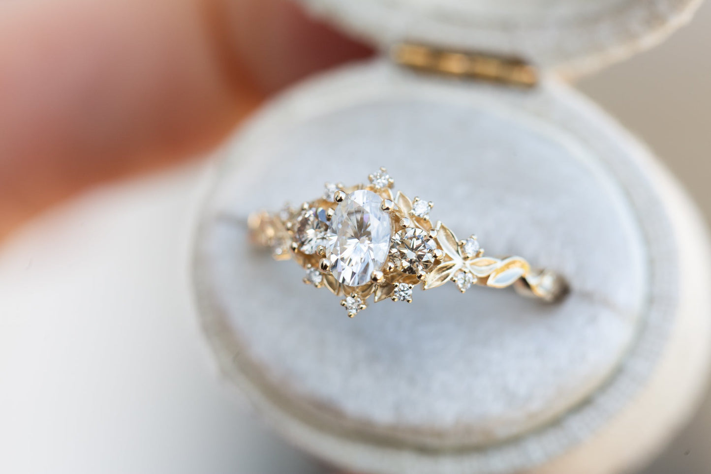 [Oramore Jewelry]Briar rose three stone with moissanite and champagne diamonds