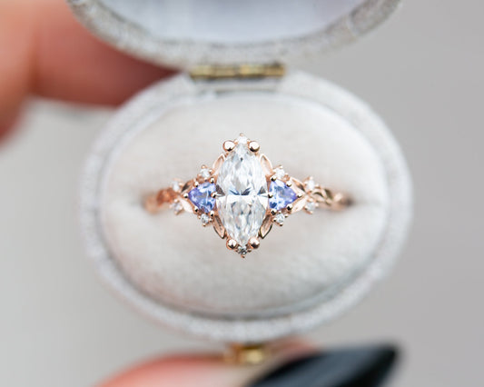 [Oramore Jewelry]Briar rose three stone with marquise moissanite and tanzanite