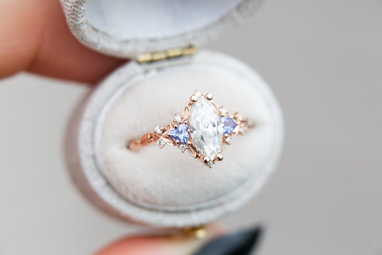 [Oramore Jewelry]Briar rose three stone with marquise moissanite and tanzanite