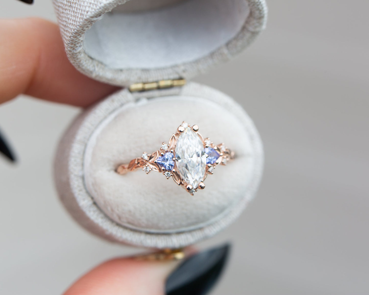 [Oramore Jewelry]Briar rose three stone with marquise moissanite and tanzanite