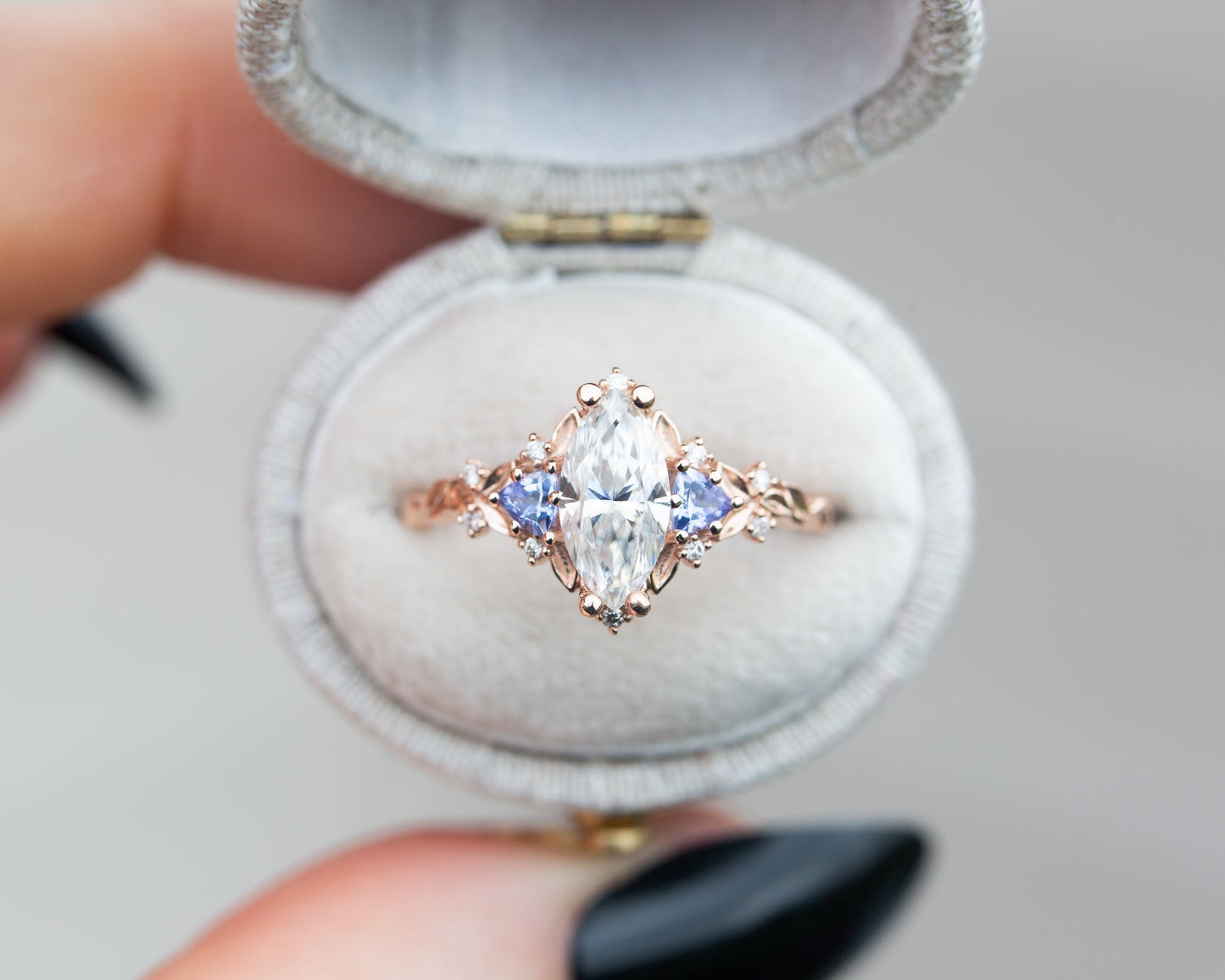 [Oramore Jewelry]Briar rose three stone with marquise moissanite and tanzanite