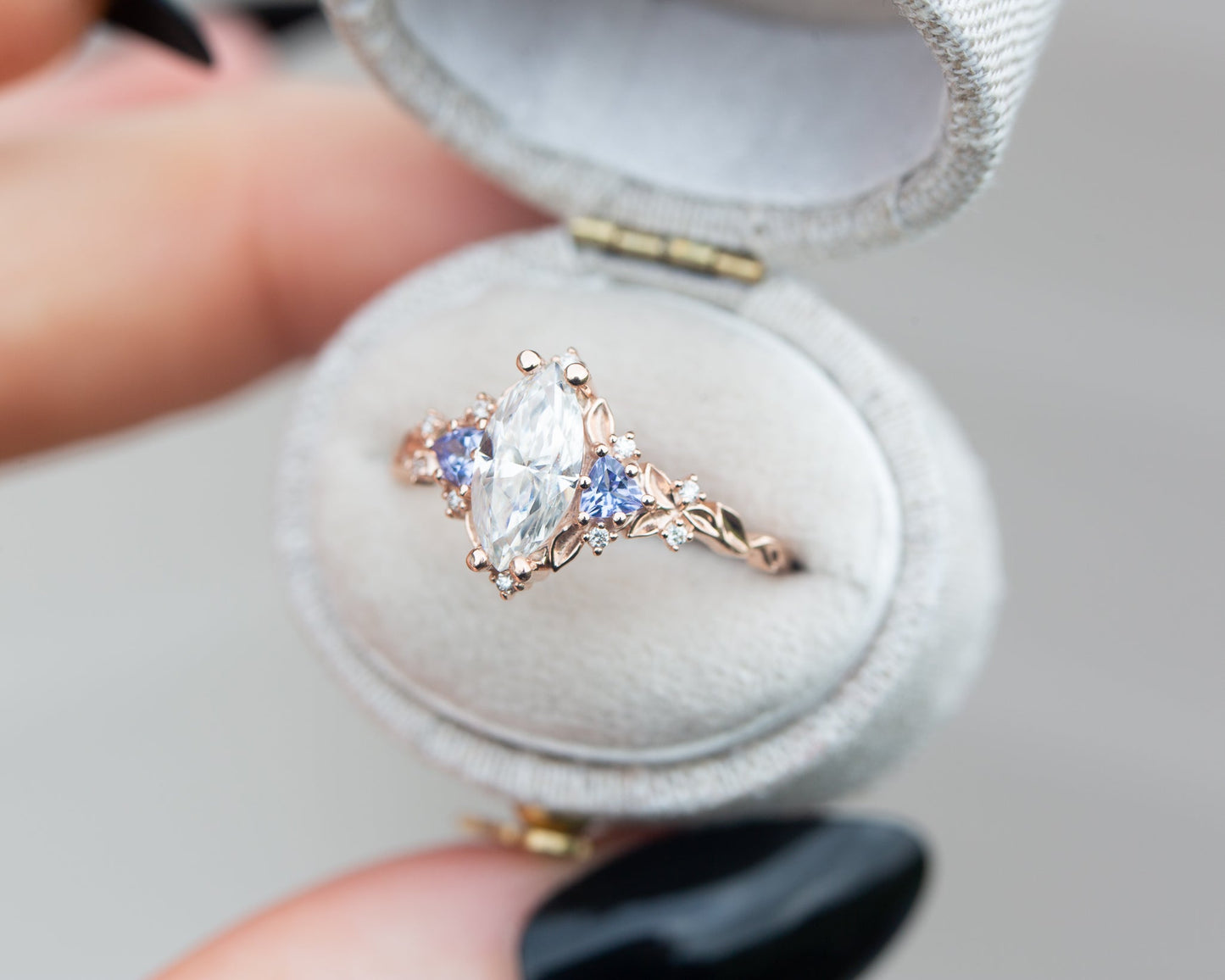 [Oramore Jewelry]Briar rose three stone with marquise moissanite and tanzanite