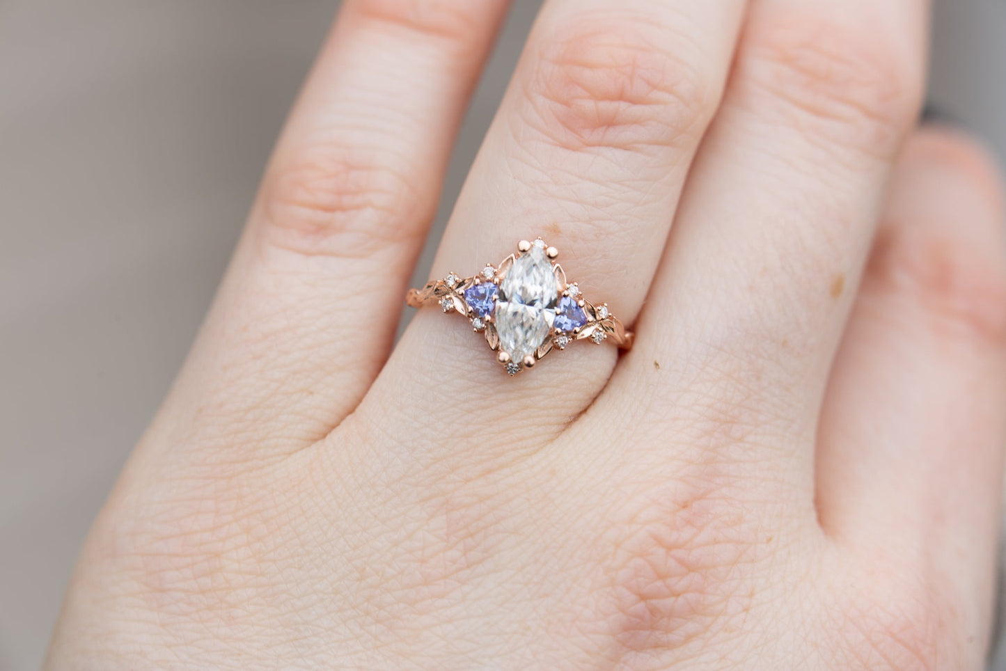 [Oramore Jewelry]Briar rose three stone with marquise moissanite and tanzanite