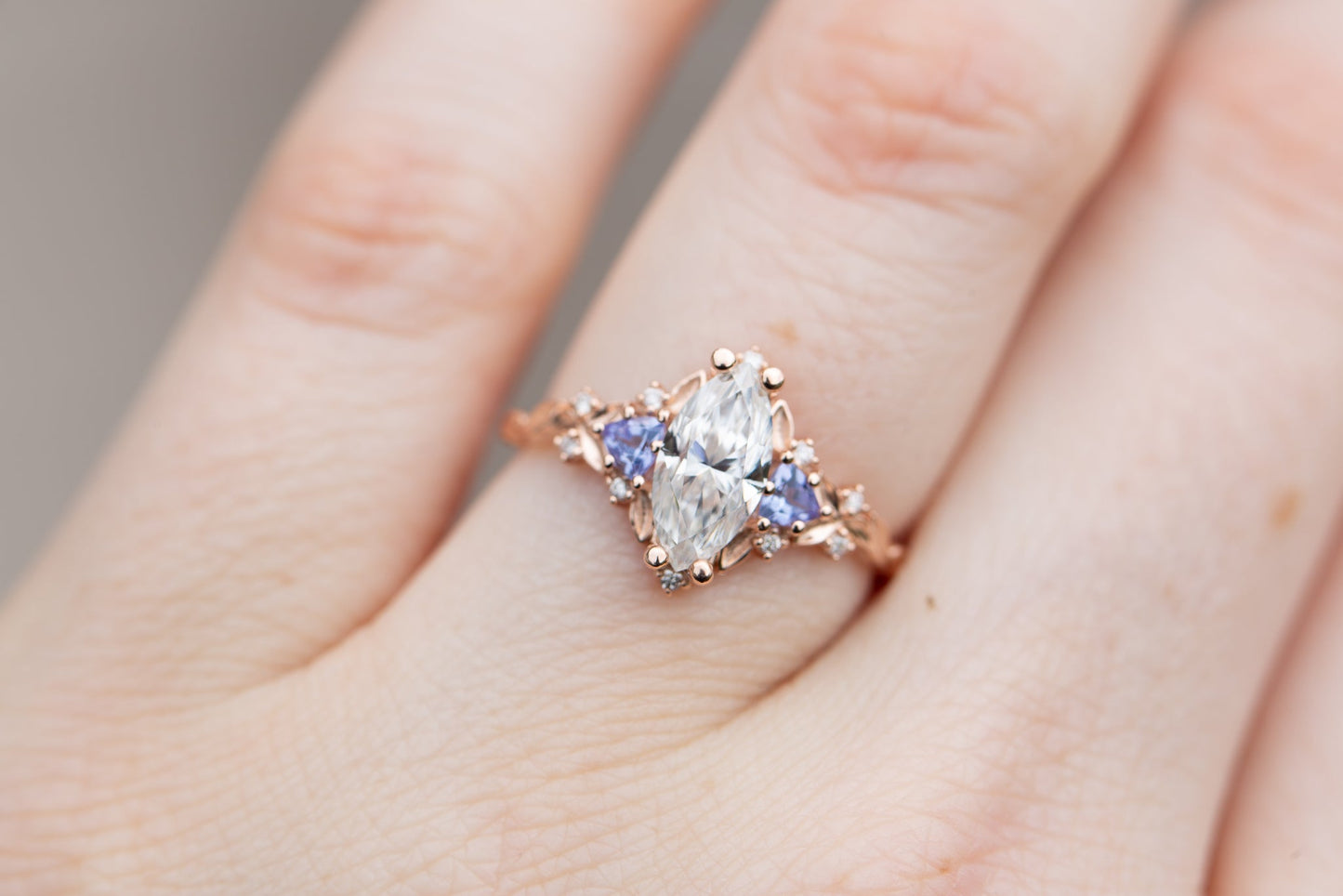 [Oramore Jewelry]Briar rose three stone with marquise moissanite and tanzanite