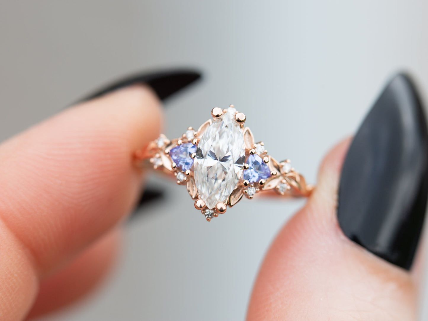 [Oramore Jewelry]Briar rose three stone with marquise moissanite and tanzanite