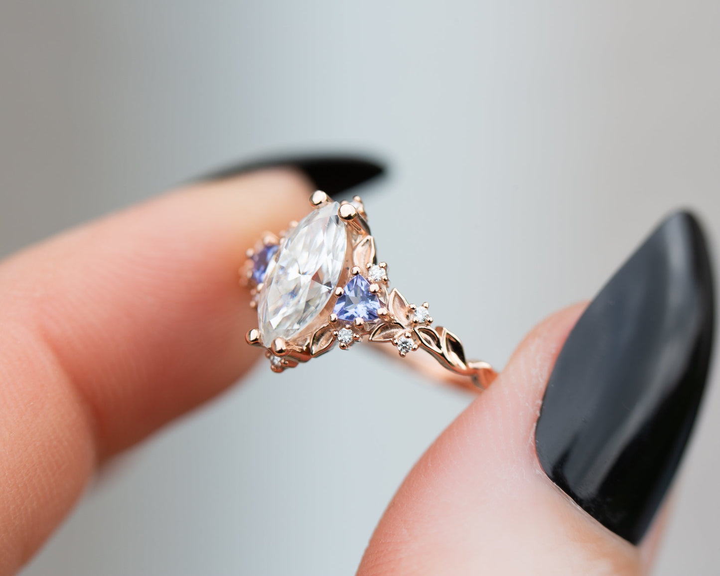 [Oramore Jewelry]Briar rose three stone with marquise moissanite and tanzanite