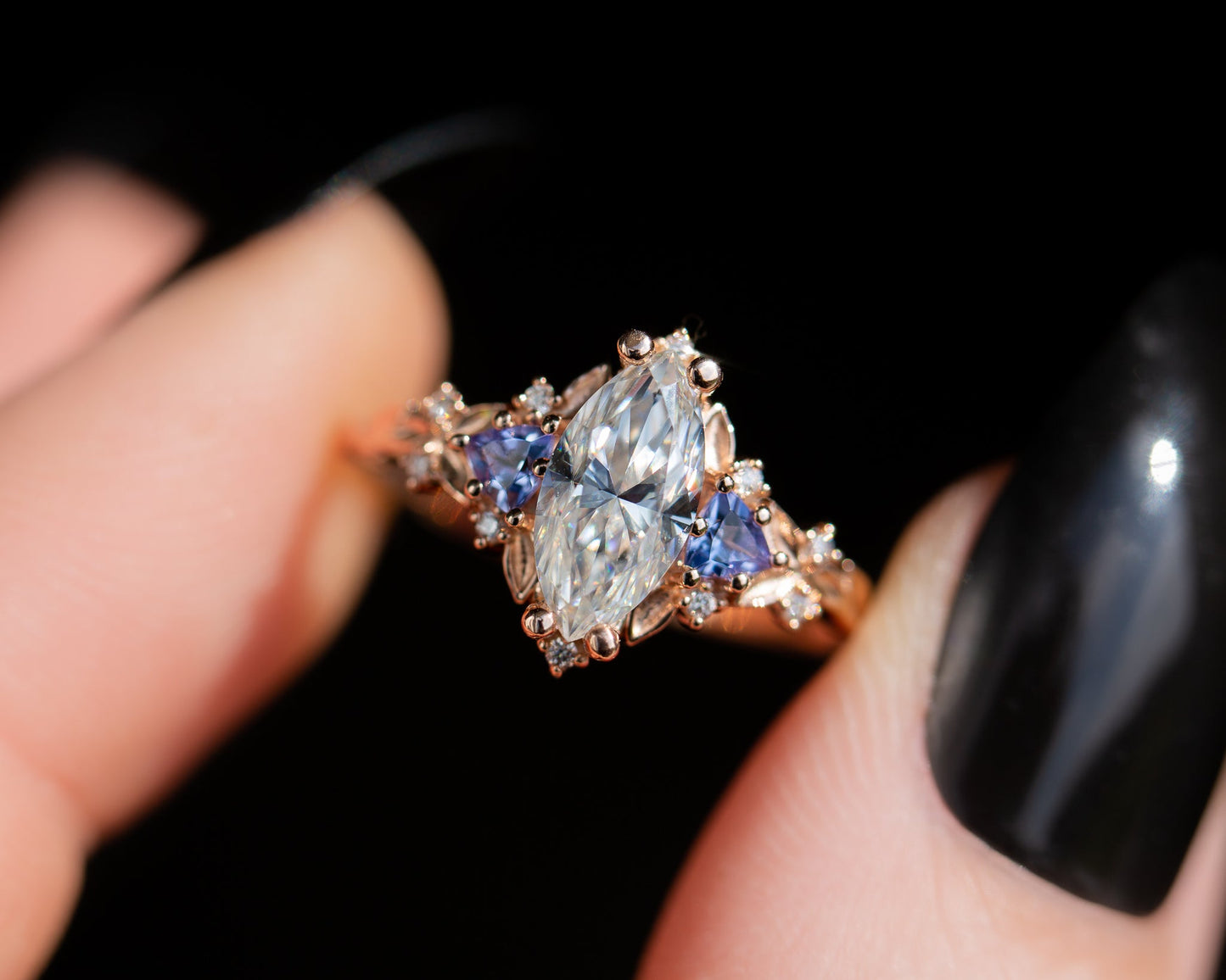 [Oramore Jewelry]Briar rose three stone with marquise moissanite and tanzanite