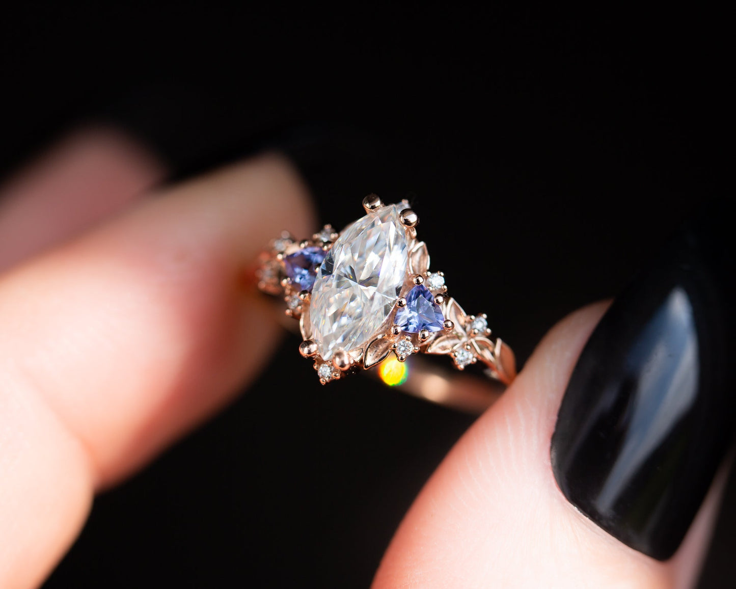 [Oramore Jewelry]Briar rose three stone with marquise moissanite and tanzanite