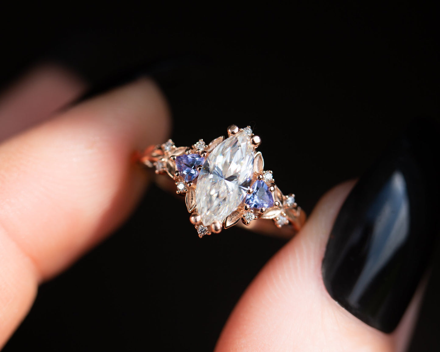 [Oramore Jewelry]Briar rose three stone with marquise moissanite and tanzanite