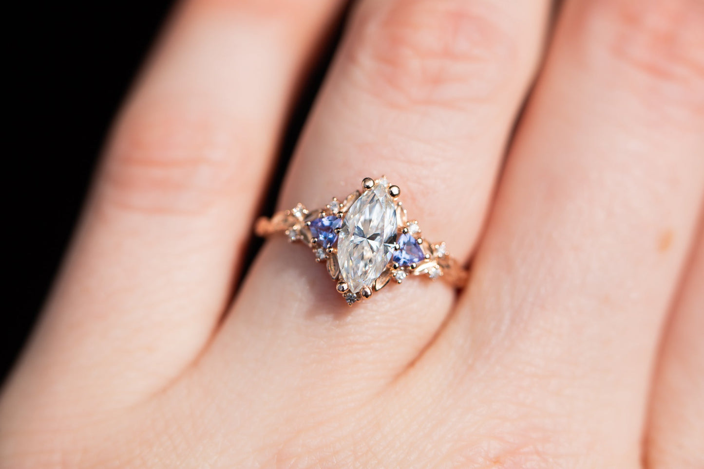 [Oramore Jewelry]Briar rose three stone with marquise moissanite and tanzanite