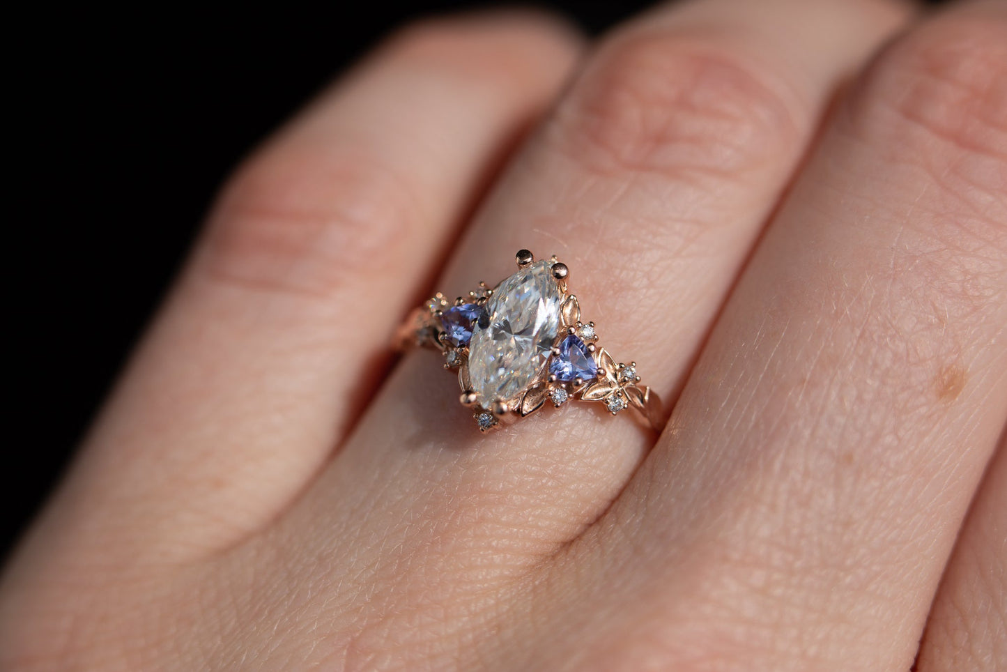 [Oramore Jewelry]Briar rose three stone with marquise moissanite and tanzanite