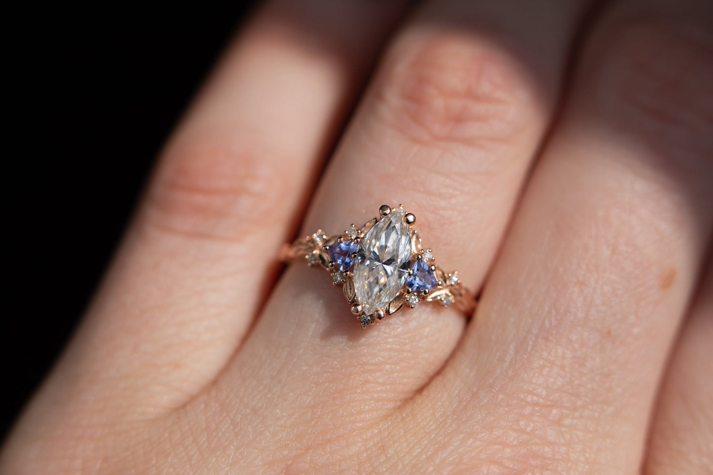 [Oramore Jewelry]Briar rose three stone with marquise moissanite and tanzanite