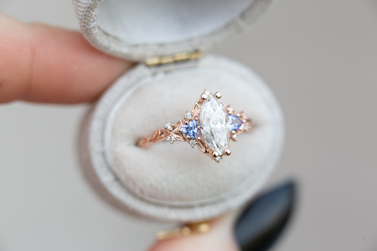 [Oramore Jewelry]Briar rose three stone with marquise moissanite and tanzanite