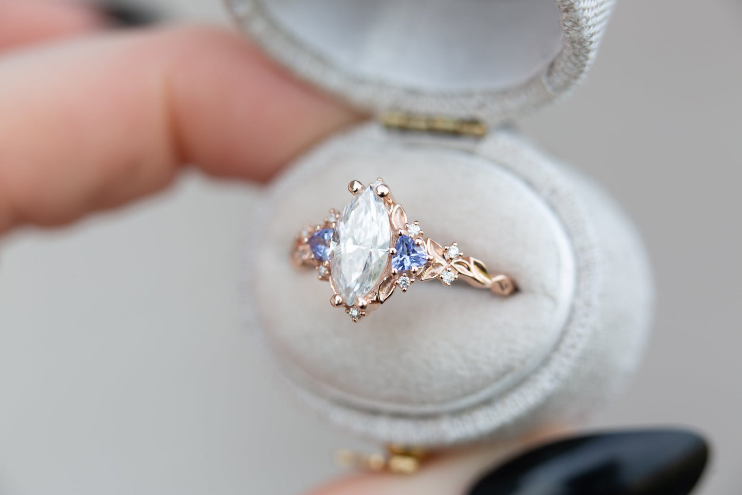 [Oramore Jewelry]Briar rose three stone with marquise moissanite and tanzanite