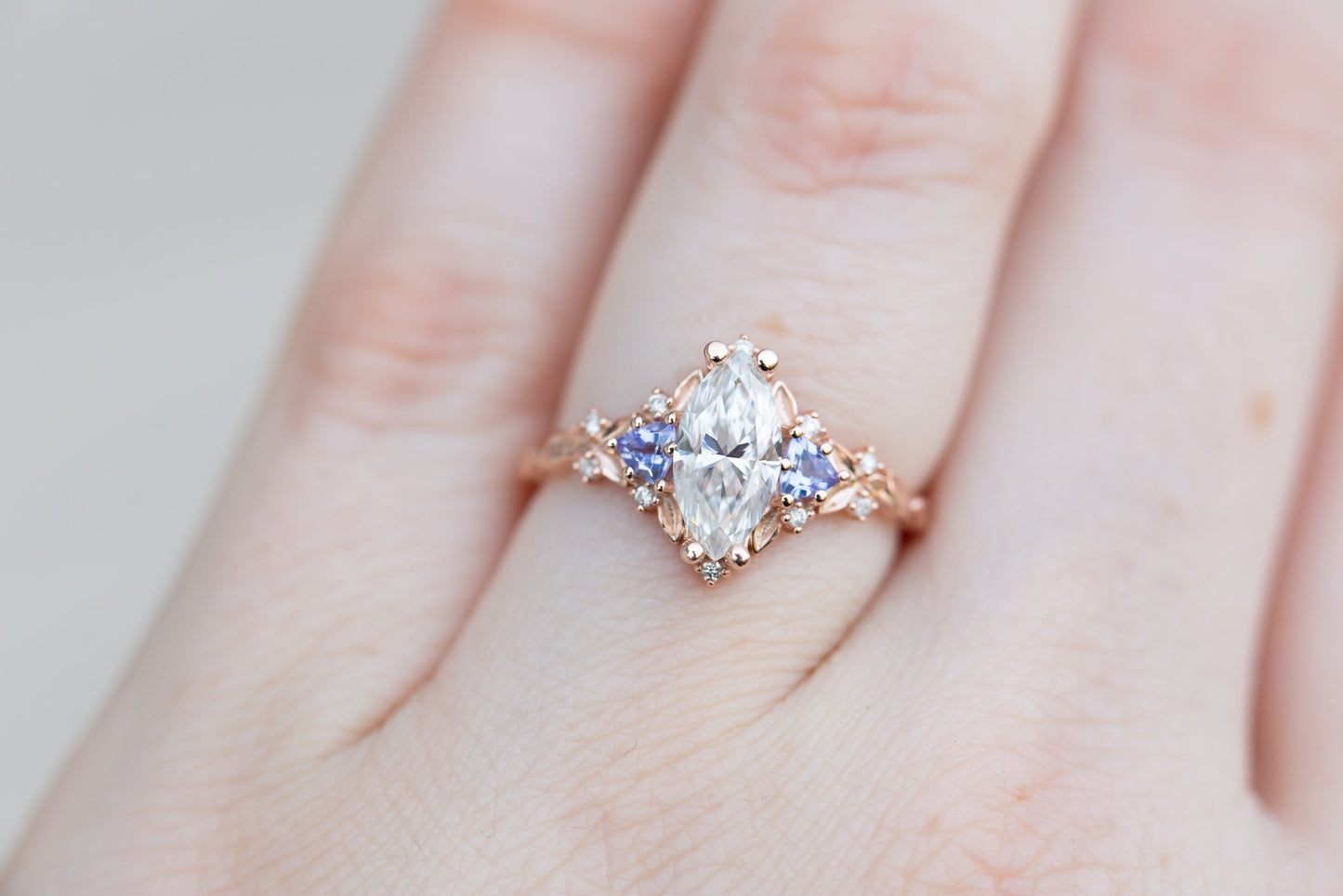 [Oramore Jewelry]Briar rose three stone with marquise moissanite and tanzanite