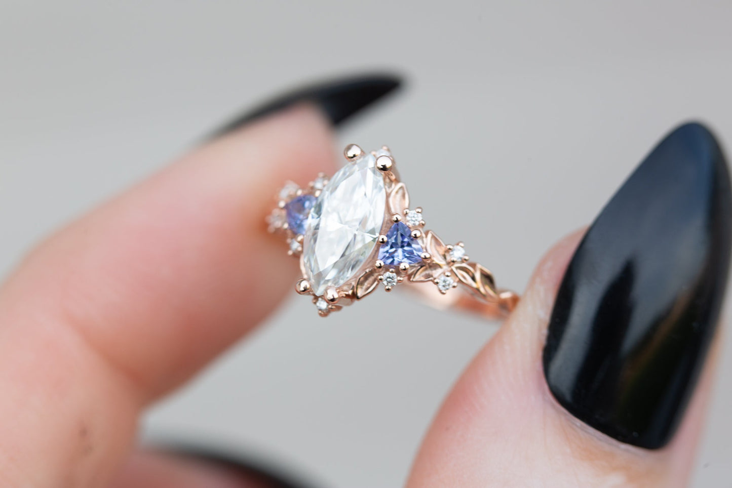 [Oramore Jewelry]Briar rose three stone with marquise moissanite and tanzanite