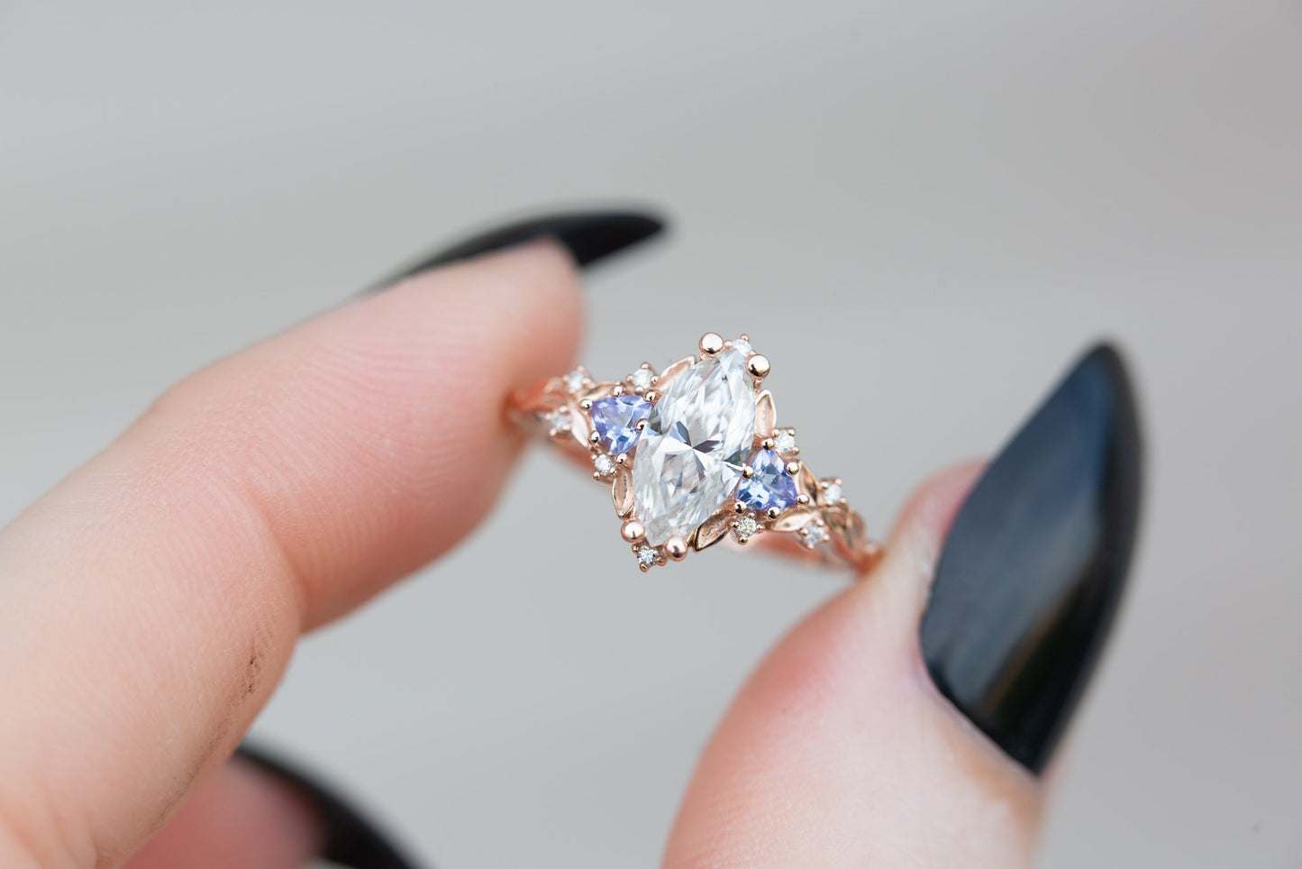 [Oramore Jewelry]Briar rose three stone with marquise moissanite and tanzanite