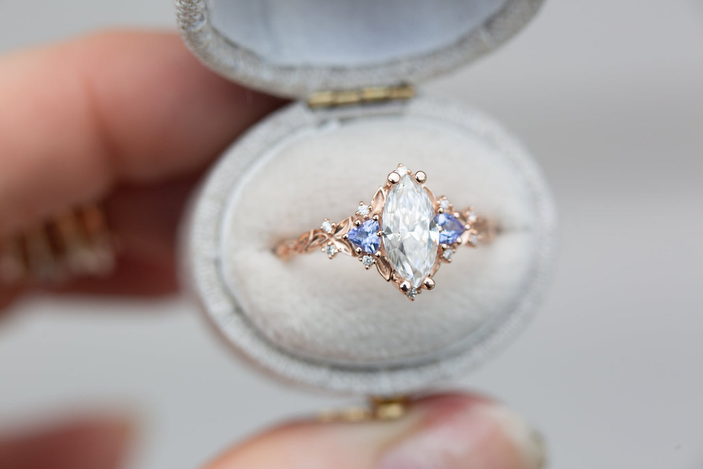 [Oramore Jewelry]Briar rose three stone with marquise moissanite and tanzanite