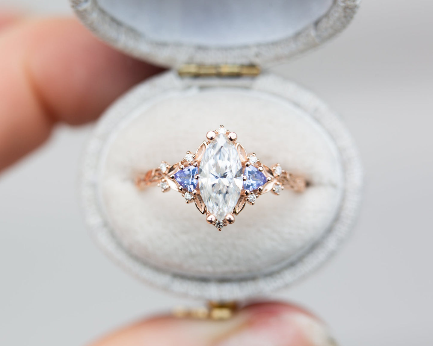 [Oramore Jewelry]Briar rose three stone with marquise moissanite and tanzanite