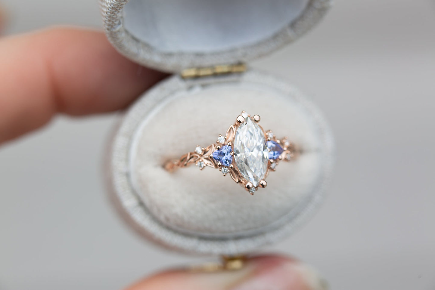 [Oramore Jewelry]Briar rose three stone with marquise moissanite and tanzanite