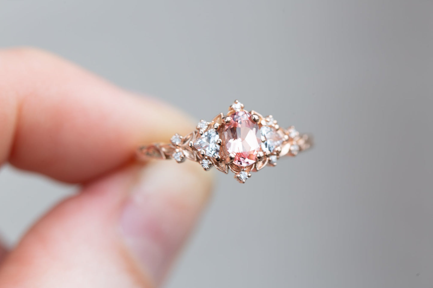 [Oramore Jewelry]Briar rose three stone with oval lab peach sapphire (fairy queen ring)