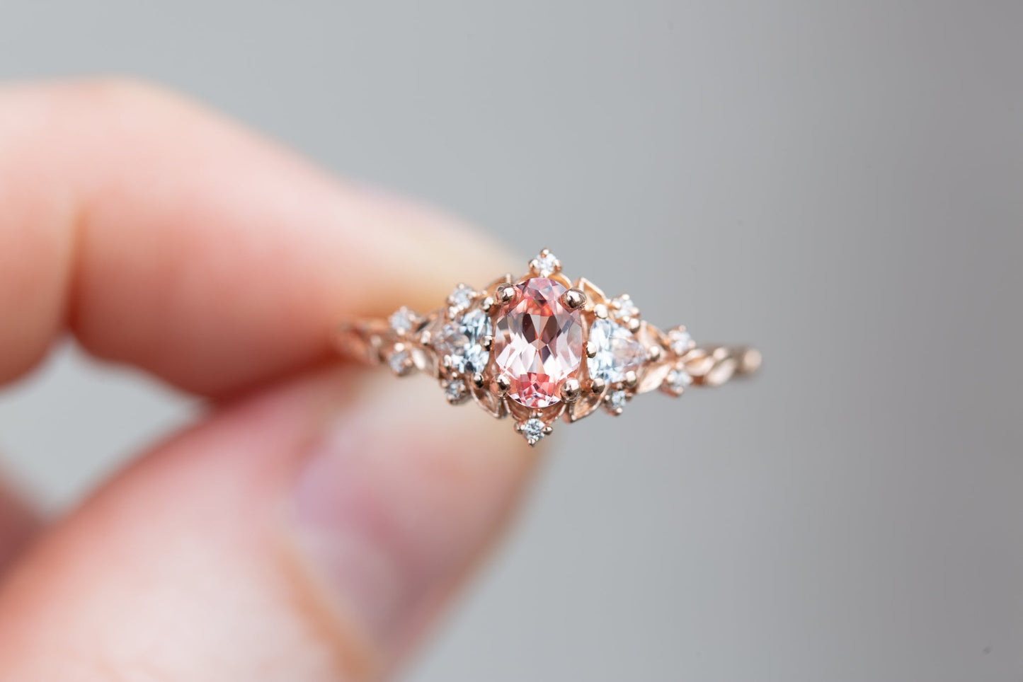 [Oramore Jewelry]Briar rose three stone with oval lab peach sapphire (fairy queen ring)