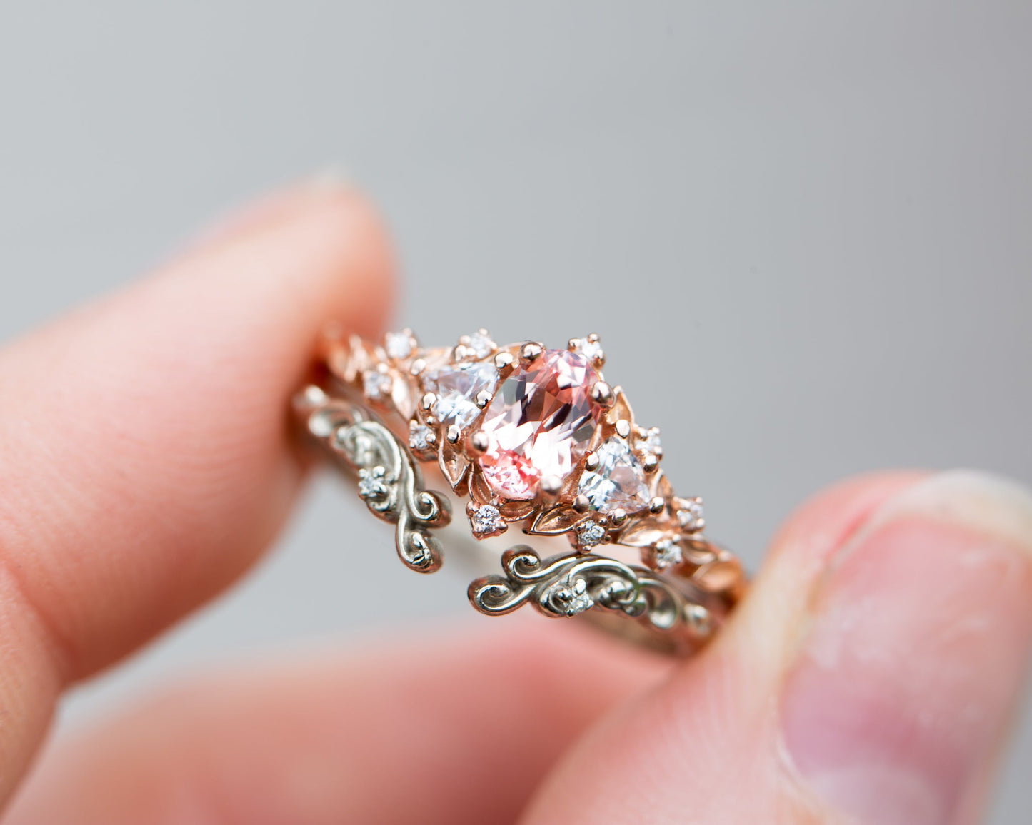 [Oramore Jewelry]Briar rose three stone with oval lab peach sapphire (fairy queen ring)